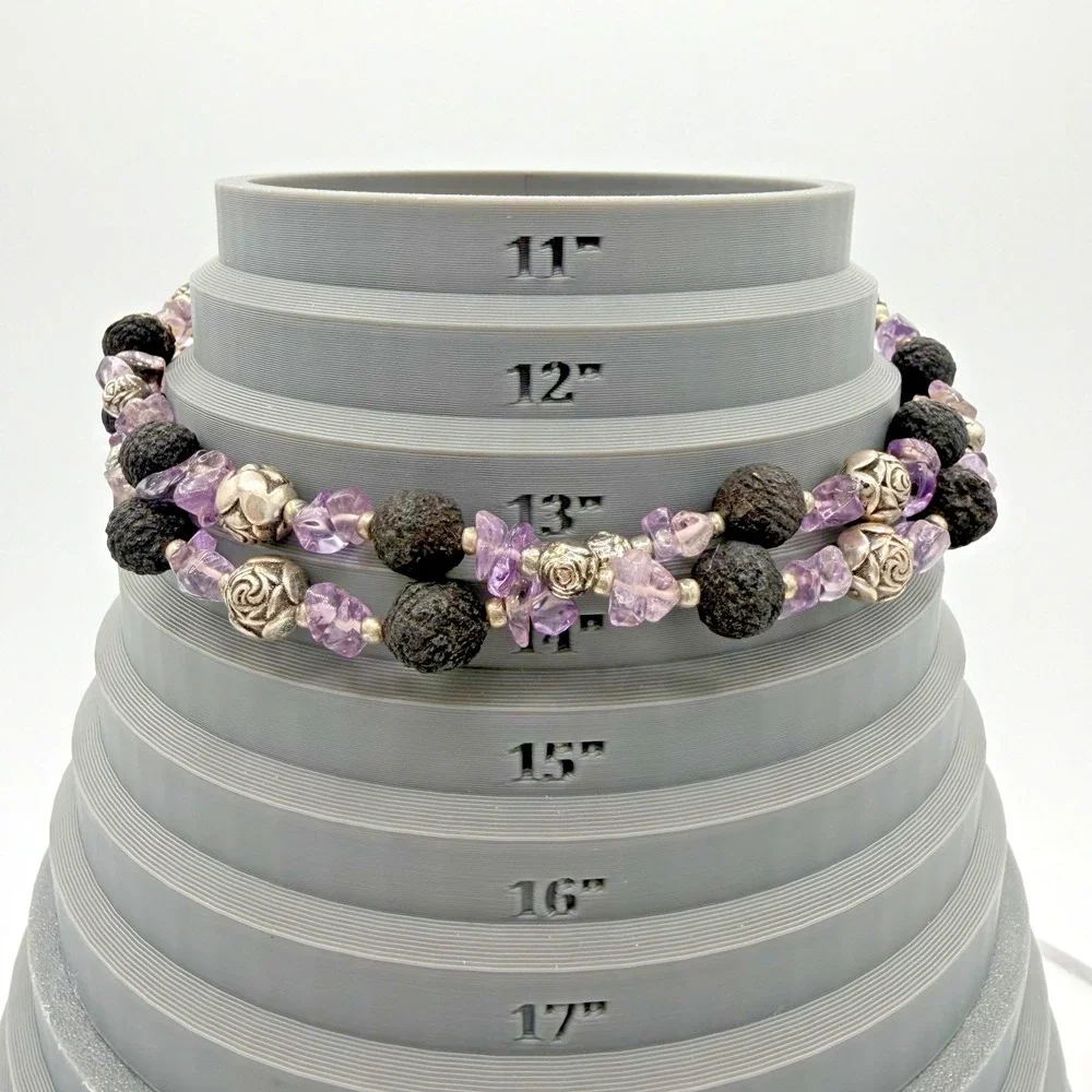 Vtg Boho Lava Rock Amethyst Gemstone Chip Silver Tone Rose Bead Long Necklace